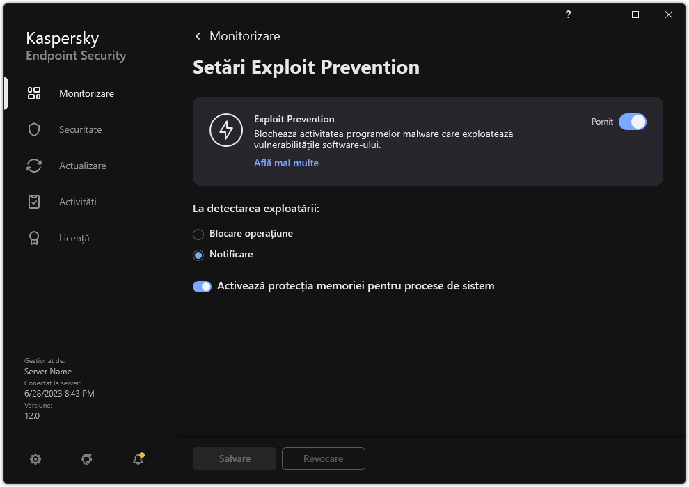 Fereastra de setări Exploit Prevention