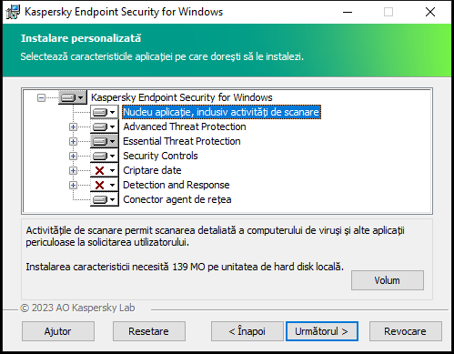 Fereastra de instalare cu o listă de componente pe care un utilizator le poate selecta.