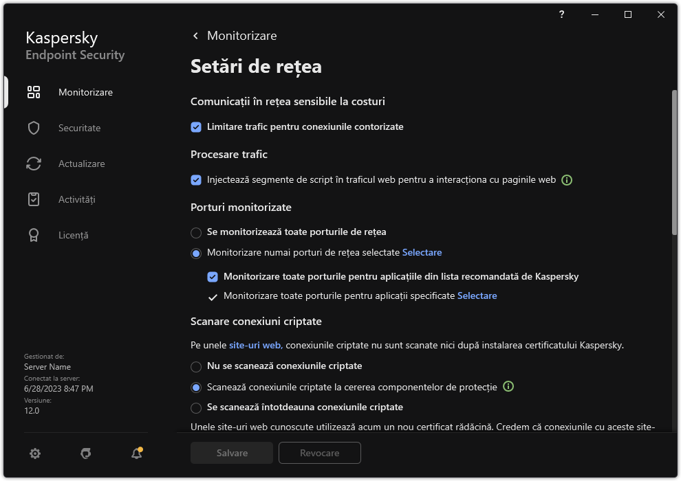 Fereastra Setări de rețea pentru aplicație.