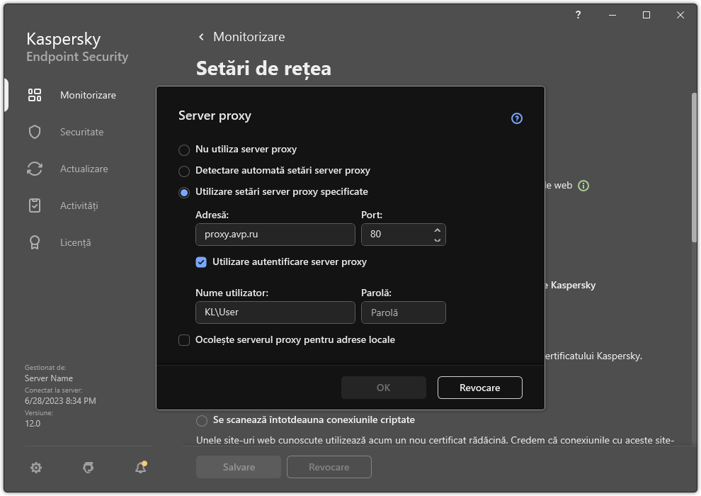 Fereastra pentru configurarea conexiunii serverului proxy. Utilizatorul poate seta adresa serverului proxy și acreditările pentru conectarea la serverul proxy.