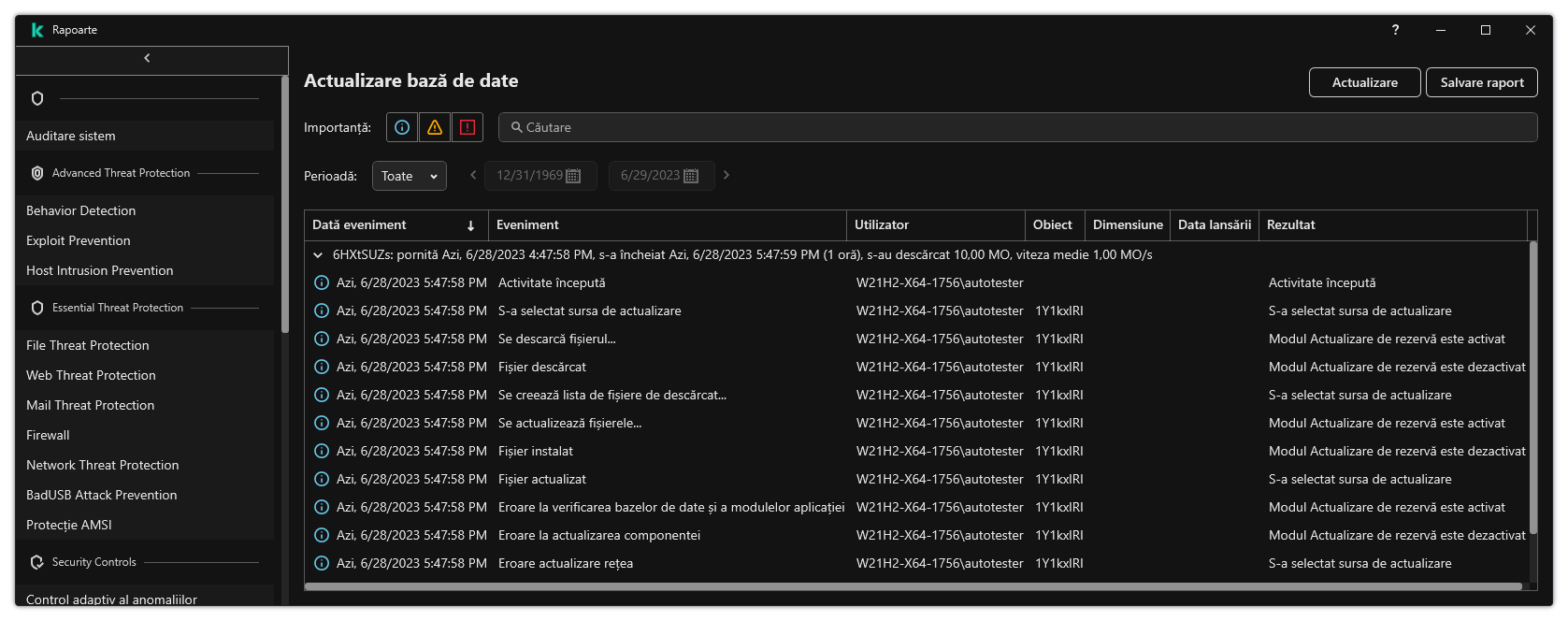 O fereastră cu lista de evenimente din raport. Utilizatorul poate filtra/sorta evenimente și poate salva rapoarte într-un fișier.
