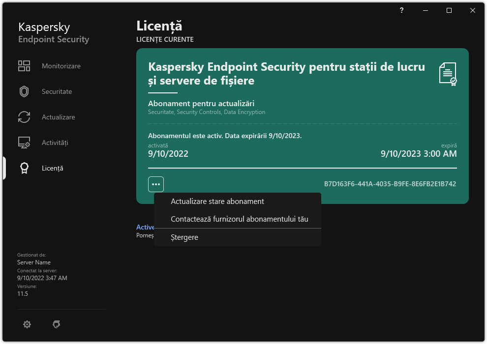 Fereastra cu informații despre licență. Utilizatorul poate actualiza starea abonamentului, poate contacta furnizorul abonamentului sau poate elimina licența.