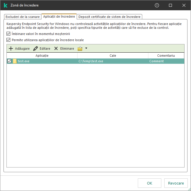 O fereastră cu lista aplicațiilor de încredere. Utilizatorul poate adăuga, edita sau elimina o aplicație de încredere.