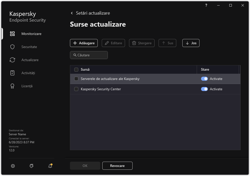 O fereastră cu lista surselor de actualizare. Utilizatorul poate adăuga surse de actualizare și poate atribui o prioritate sursei.