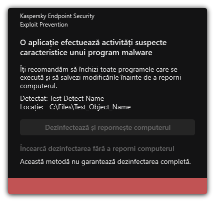 Notificare de detectare a programelor malware. Utilizatorul poate efectua dezinfectarea cu sau fără repornirea computerului.