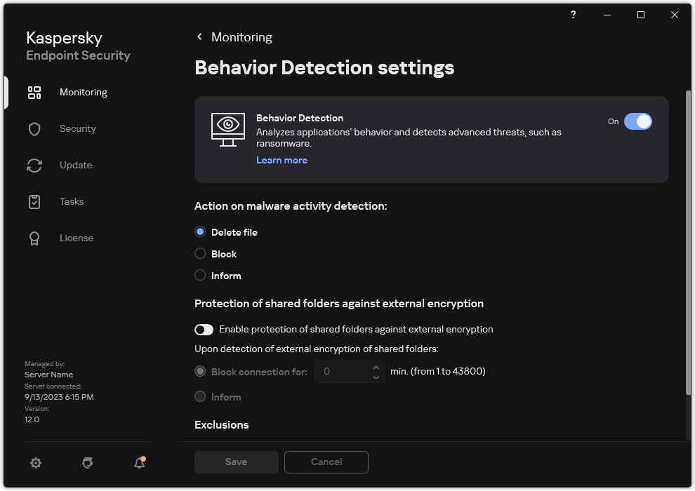 Behavior Detection settings window.