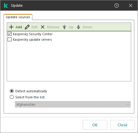 A window with the list of update sources. The user can add update sources and assign a priority to the source.