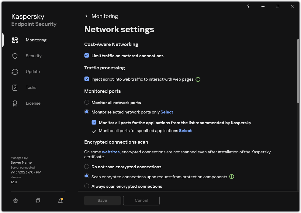 Application network settings window.
