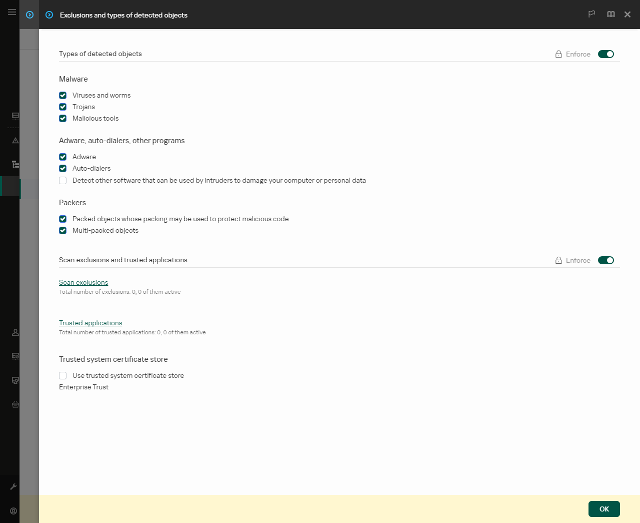 Exclusion settings window. The user can add exclusions and trusted applications.