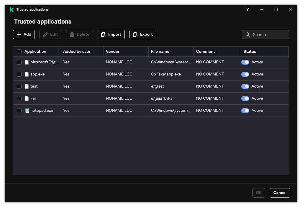 A window with the list of trusted applications. The user can add, edit or remove a trusted application.