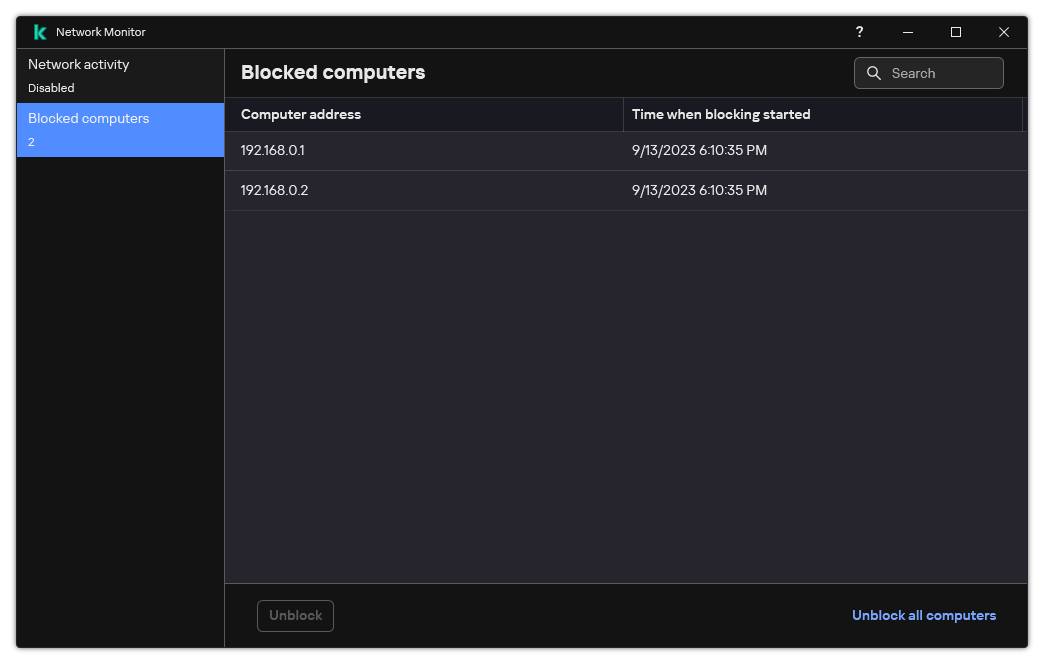 Network Monitor window with a list of blocked computers. You can unblock individual computers or all computers.