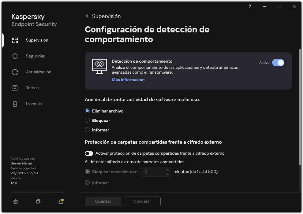Ventana Configuración de detección de comportamiento.