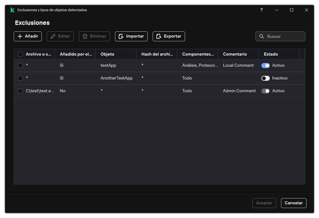 Una ventana con la lista de exclusiones. Se muestran las propiedades de exclusión. El usuario puede añadir, editar o eliminar exclusiones.