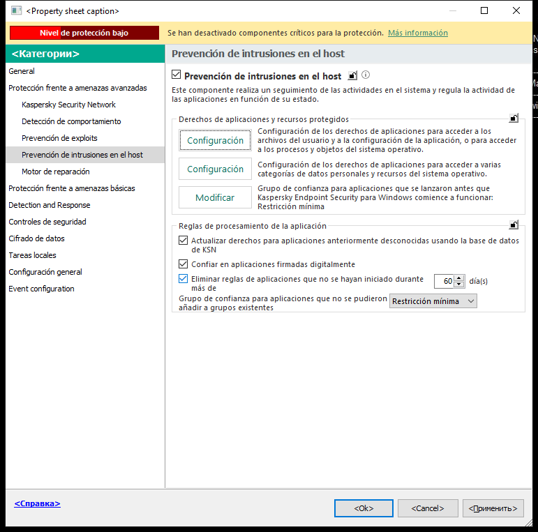 Ventana Configuración de Prevención de intrusiones.