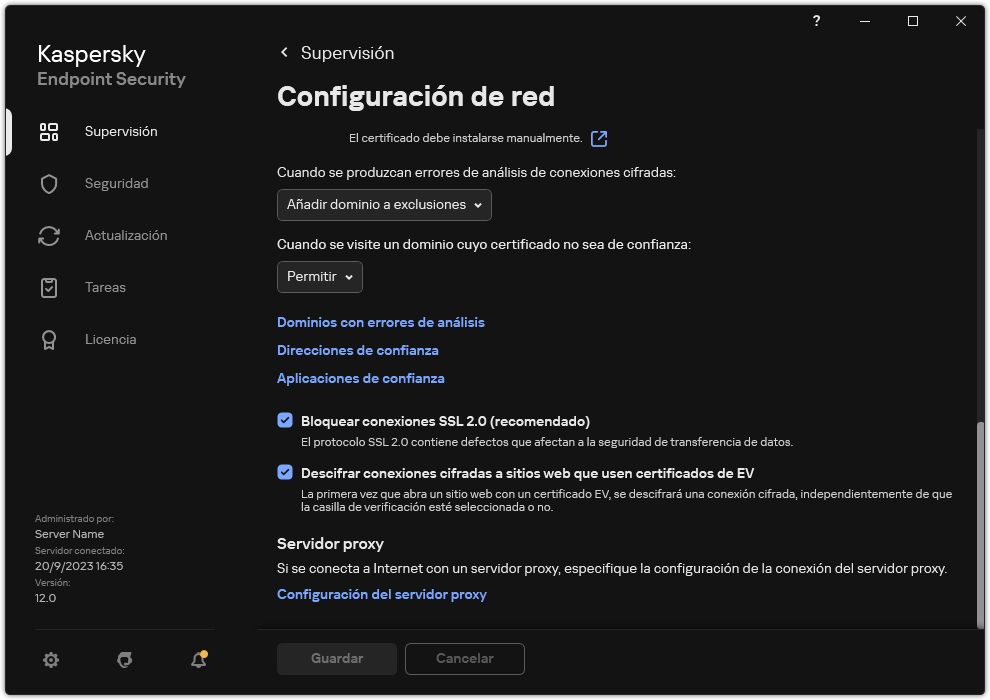 Ventana de configuración de red de la aplicación.