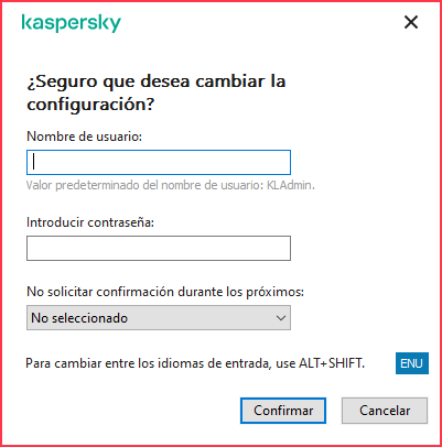 La ventana contiene campos para introducir el nombre de usuario y la contraseña. El usuario puede seleccionar un período de tiempo durante el cual la aplicación no solicita contraseña.