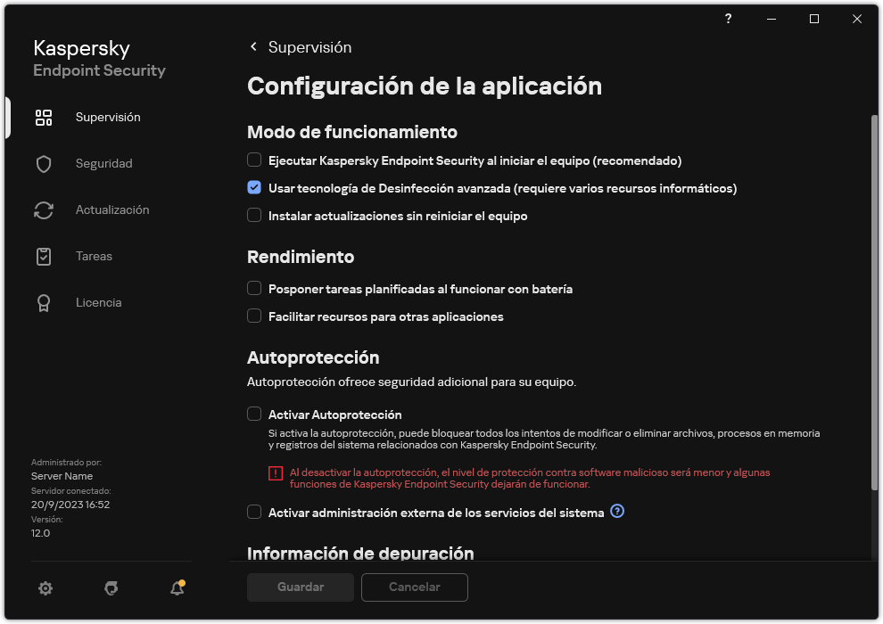 Ventana Configuración de la aplicación. El usuario puede configurar el rendimiento, la autodefensa y otros ajustes.