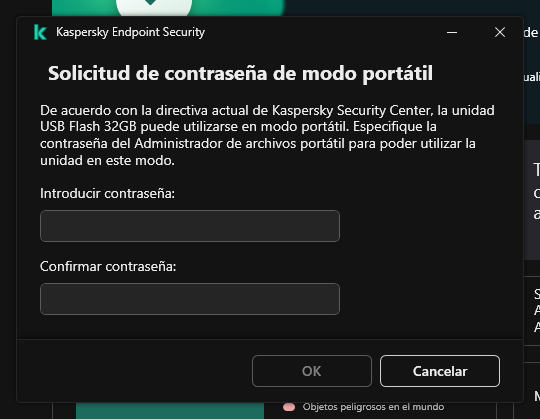 La ventana contiene campos para introducir y confirmar la contraseña.