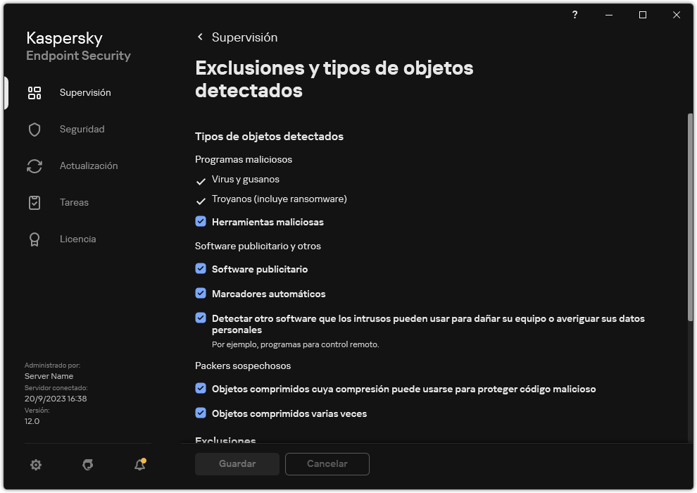 Ventana de configuración de exclusiones. El usuario puede seleccionar tipos de objetos detectados y añadir objetos a exclusiones.