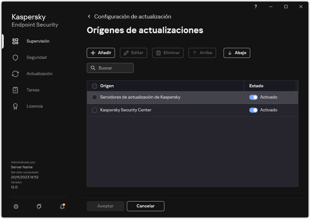 Una ventana con la lista de fuentes de actualización. El usuario puede agregar fuentes de actualización y asignar una prioridad a la fuente.
