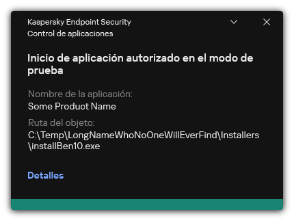 Notificación de que el inicio de la aplicación está autorizado en el modo de prueba. El usuario puede ver información detallada sobre la regla.