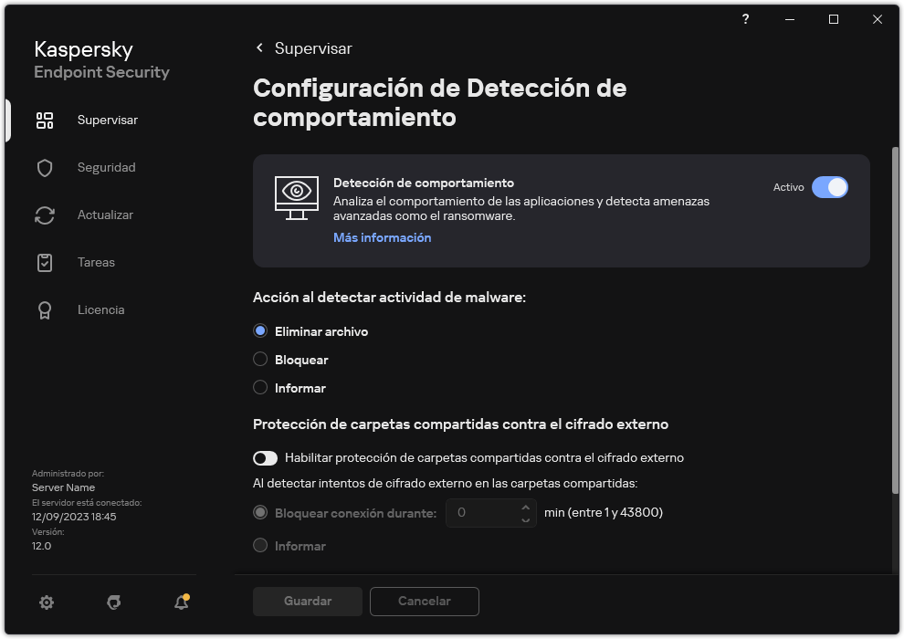 Ventana de configuración de Detección de comportamiento.