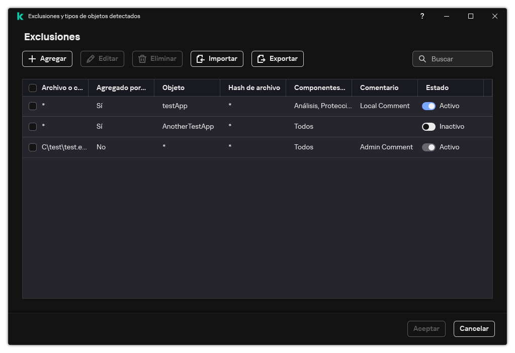 Una ventana con la lista de exclusiones. Se muestran las propiedades de exclusión. El usuario puede agregar, editar o eliminar exclusiones.
