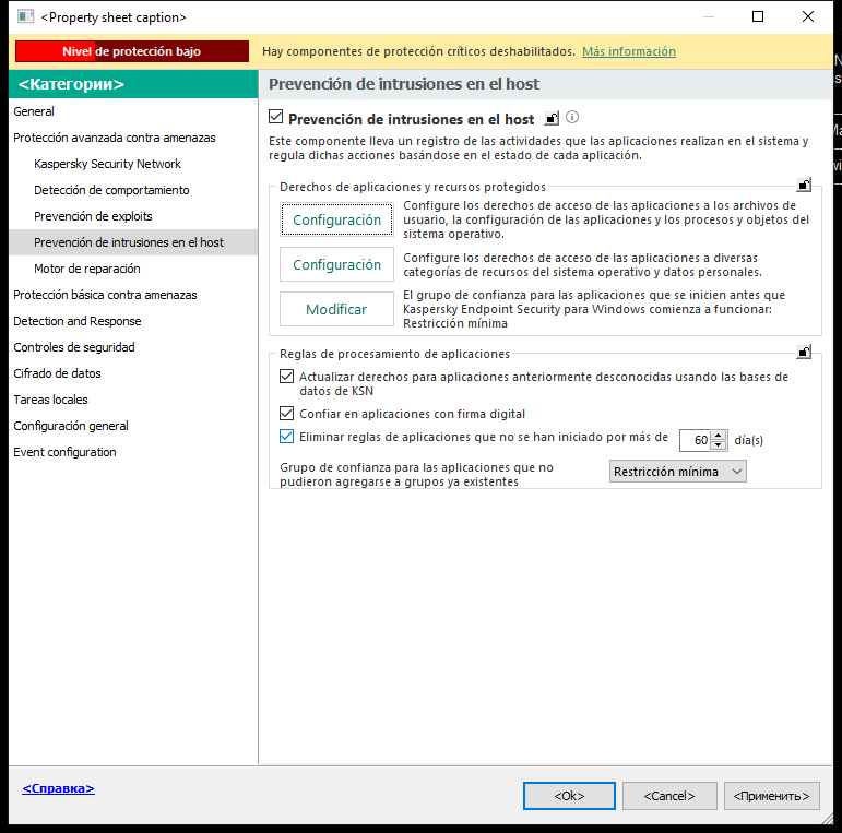 Ventana de Configuración de Prevención de intrusiones