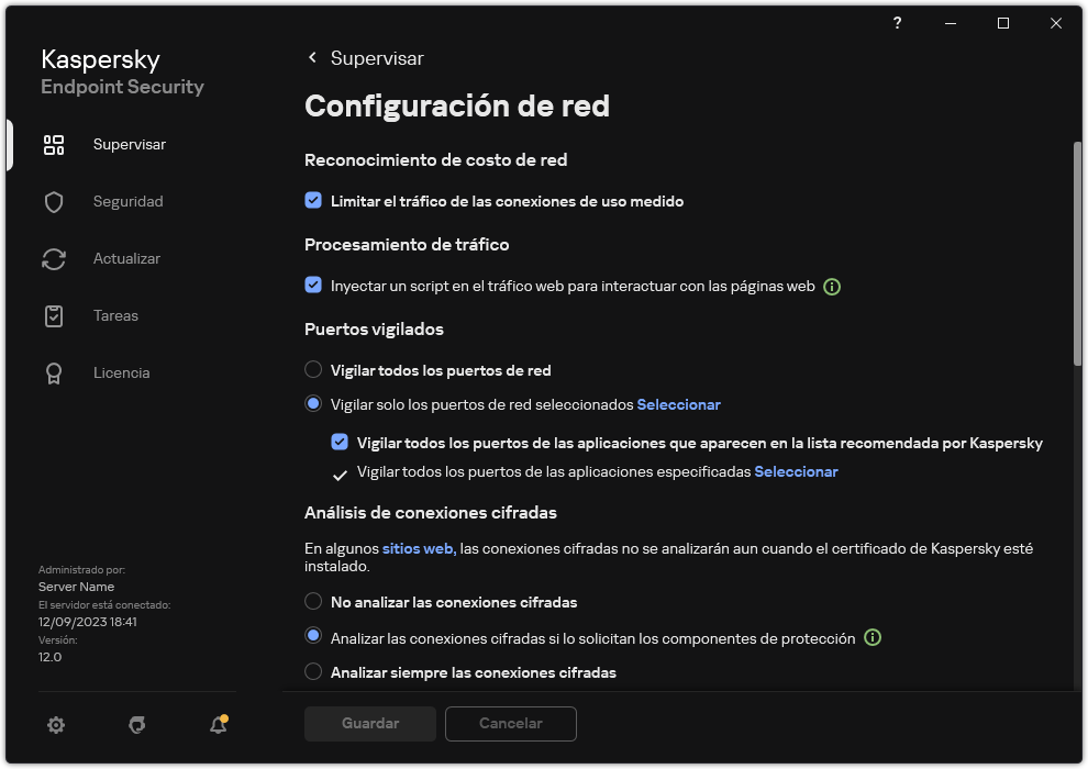 Ventana Configuración de red de la aplicación.