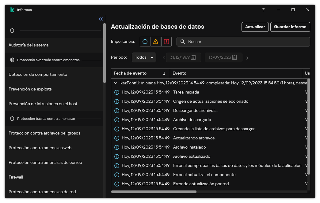 Una ventana con la lista de eventos en el informe. El usuario puede filtrar/ordenar eventos y guardar informes en un archivo.