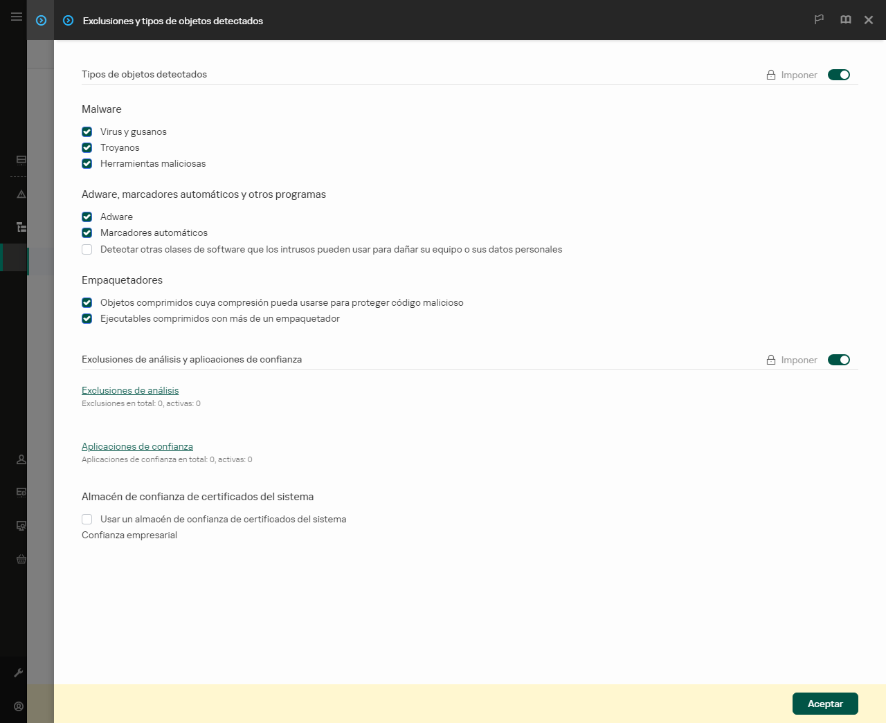 Ventana Configuración de exclusiones. El usuario puede agregar exclusiones y aplicaciones de confianza.
