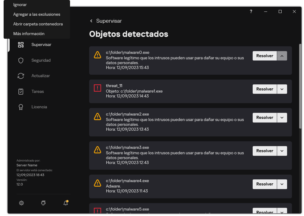 Una ventana con la lista de objetos detectados. Se muestra información sobre el objeto. El usuario puede resolver o quitar el objeto.