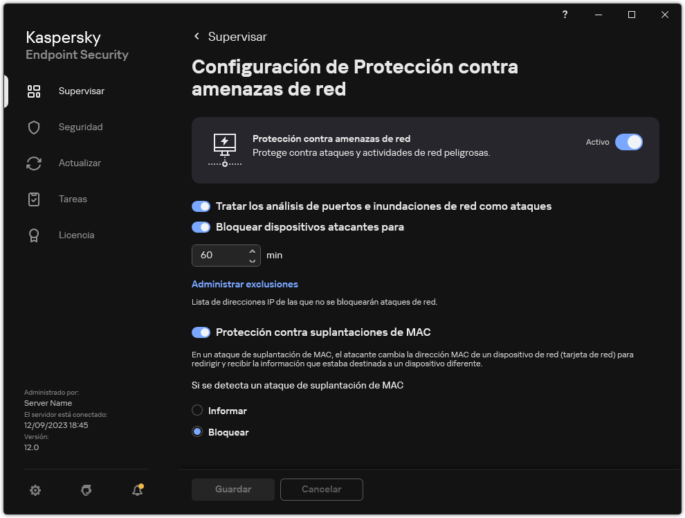 Ventana de configuración de Protección contra amenazas de red