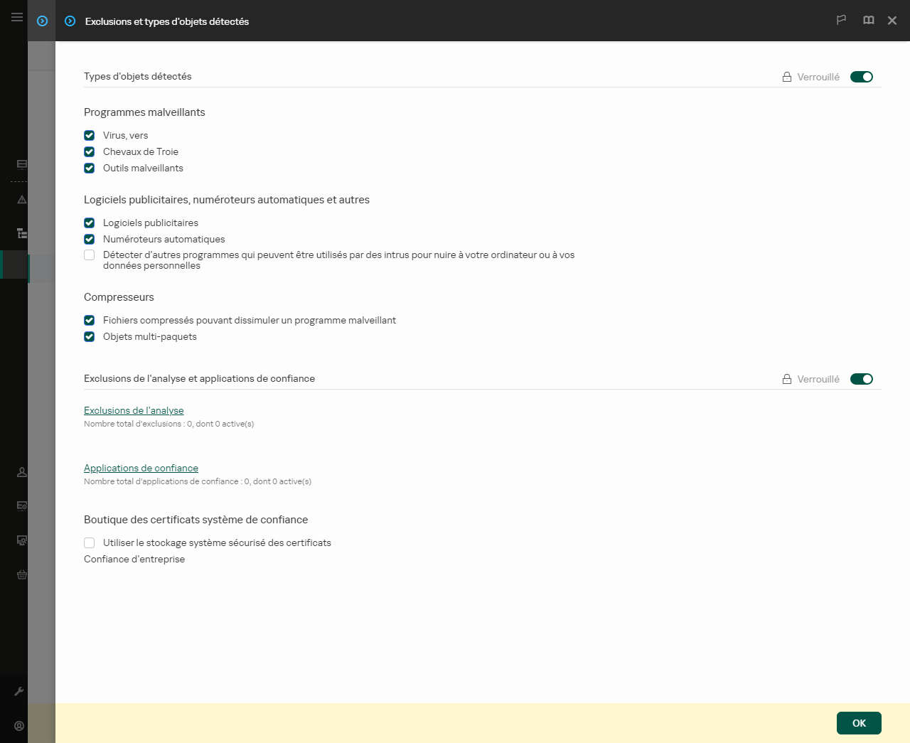 Fenêtre des paramètres d'exclusion. L'utilisateur peut ajouter des exclusions et des applications de confiance.