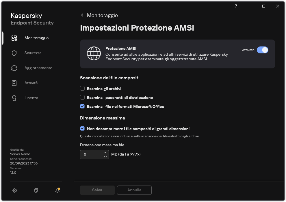 Finestra Impostazioni Protezione AMSI.