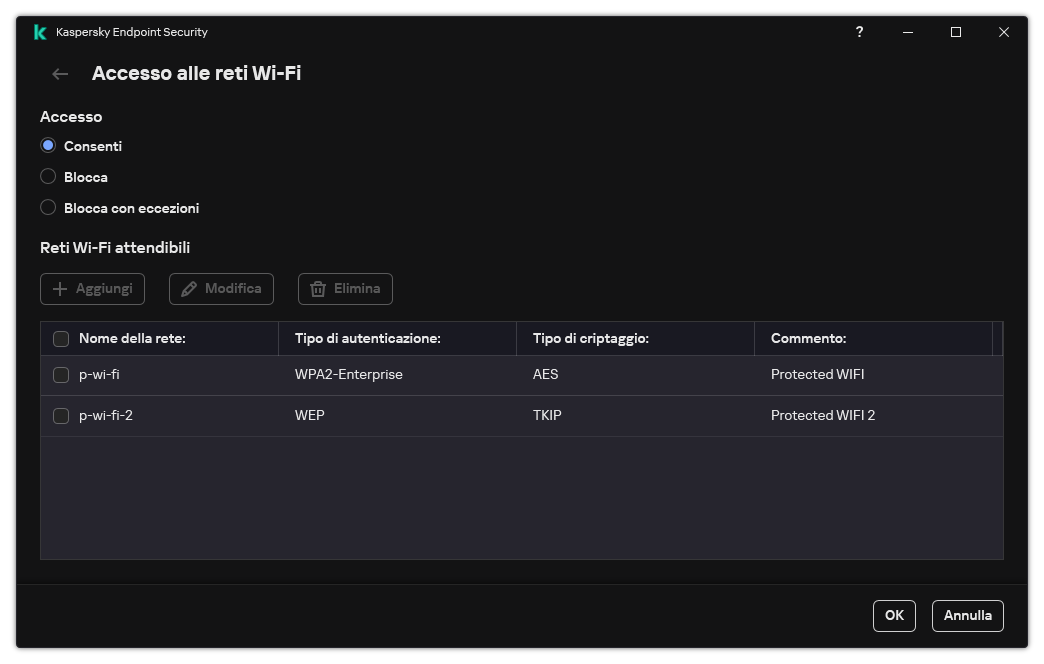 Una finestra con l'elenco di reti Wi-Fi. L'utente può configurare l'accesso a tutte le reti Wi-Fi e aggiungere reti Wi-Fi attendibili.