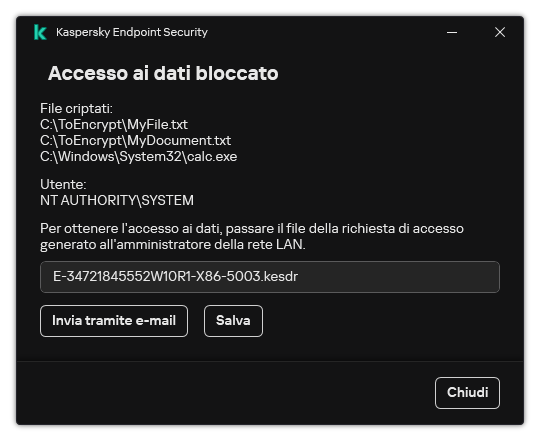 Una finestra con un file di richiesta per accedere ai dati criptati. L'utente può salvare il file generato su disco o inviarlo via e-mail.