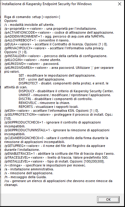 Finestra con le descrizioni delle opzioni di comando per installare l'applicazione tramite CMD.