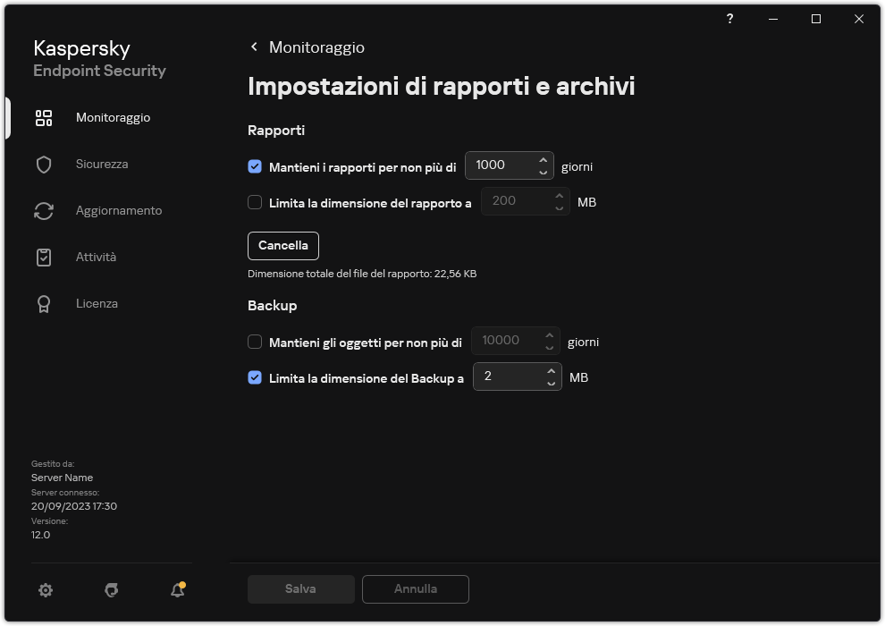 Finestra Impostazioni di rapporti e archivi. L'utente può impostare la dimensione e limitare il tempo di archiviazione dei rapporti e degli oggetti nel repository.