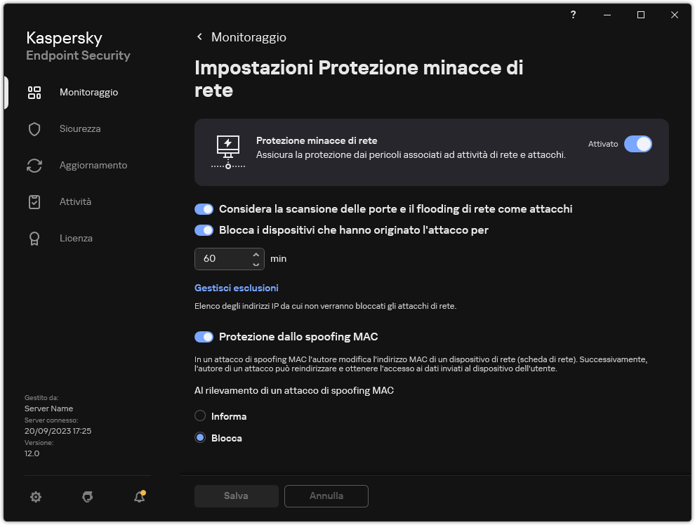 Finestra Impostazioni di Protezione minacce di Rete