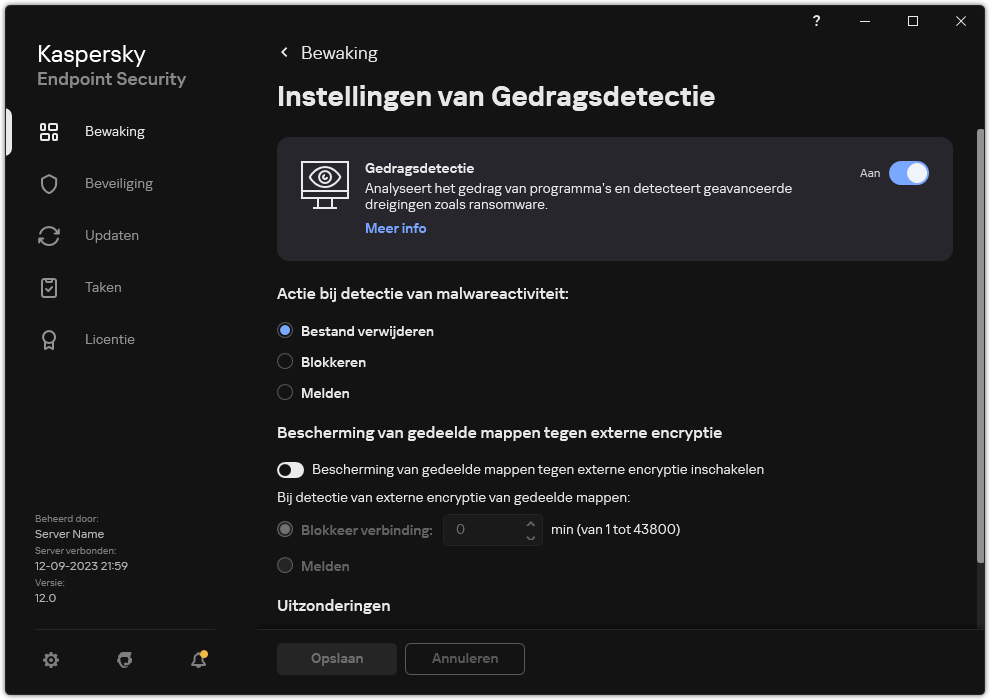 Venster Instellingen van Gedragsdetectie