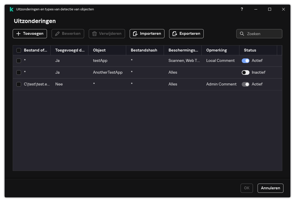 Een venster met de lijst met uitzonderingen. Uitzonderingseigenschappen worden weergegeven. De gebruiker kan uitzonderingen toevoegen, bewerken of verwijderen.