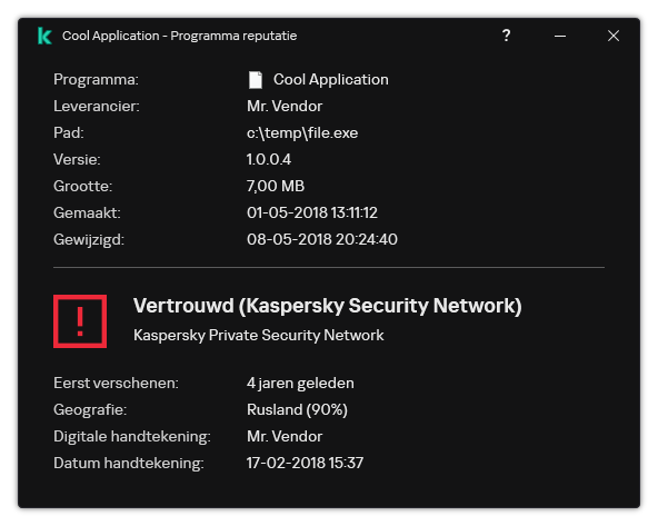 Het venster bevat informatie over de bestandsreputatie en andere gegevens, zoals de aanwezigheid van een digitale handtekening.