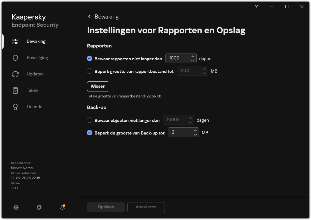 Venster Rapporten en opslaginstellingen. De gebruiker kan de grootte instellen en de opslagtijd beperken van rapporten en objecten in de opslagplaats.