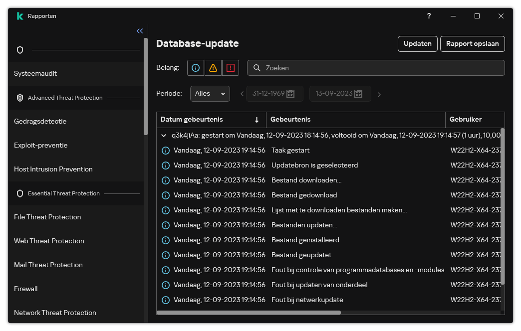 Een venster met de lijst van evenementen in het rapport. De gebruiker kan gebeurtenissen filteren/sorteren en rapporten opslaan in een bestand.