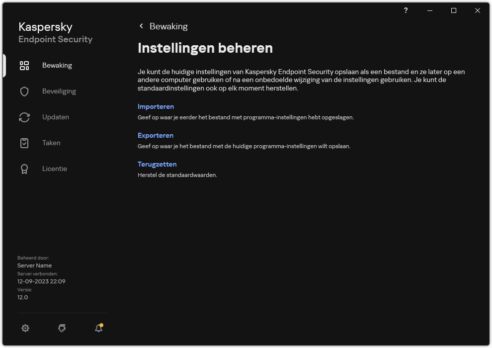 Venster instellingen voor uitzonderingen. De gebruiker kan programma-instellingen exporteren, importeren of herstellen.