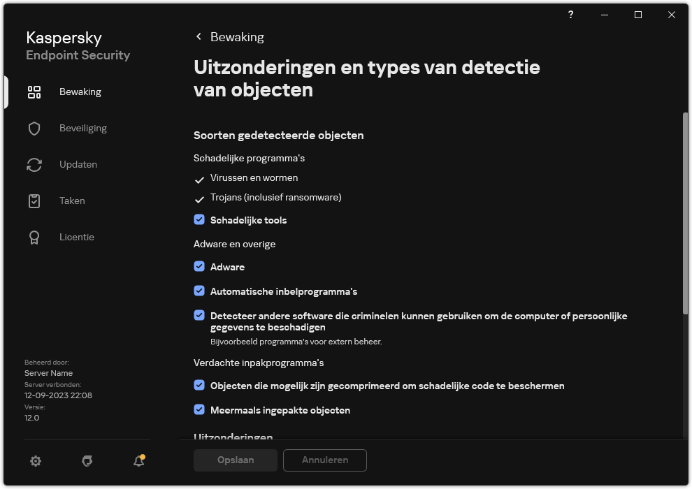 Venster instellingen voor uitzonderingen. De gebruiker kan soorten detecteerbare objecten selecteren en objecten toevoegen aan uitzonderingen.