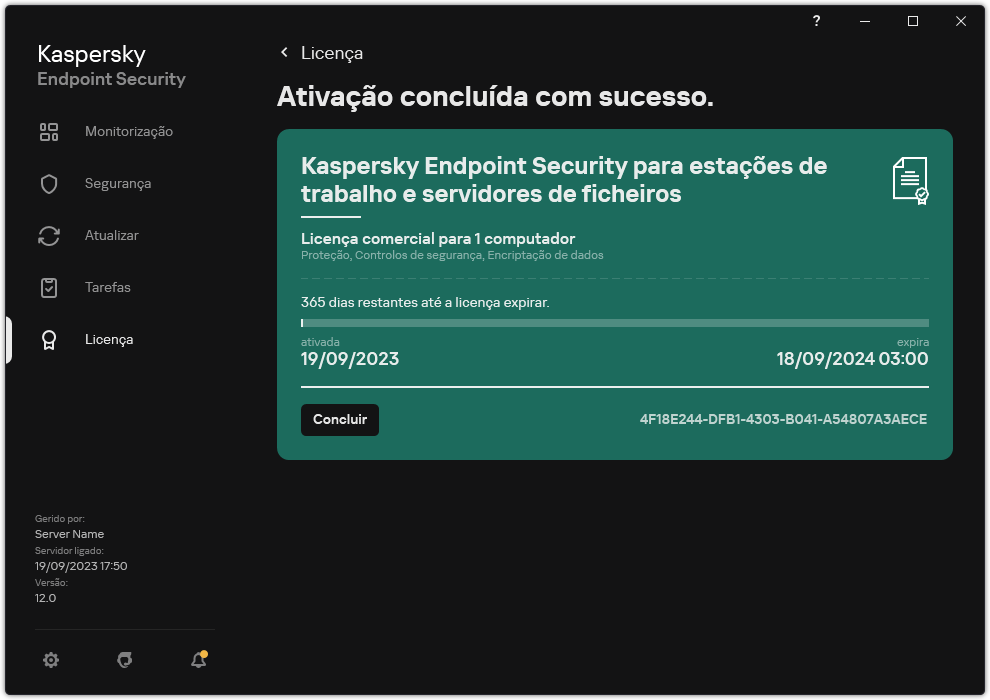 A janela contém informações sobre a licença: data de validade, funções disponíveis e outras informações.