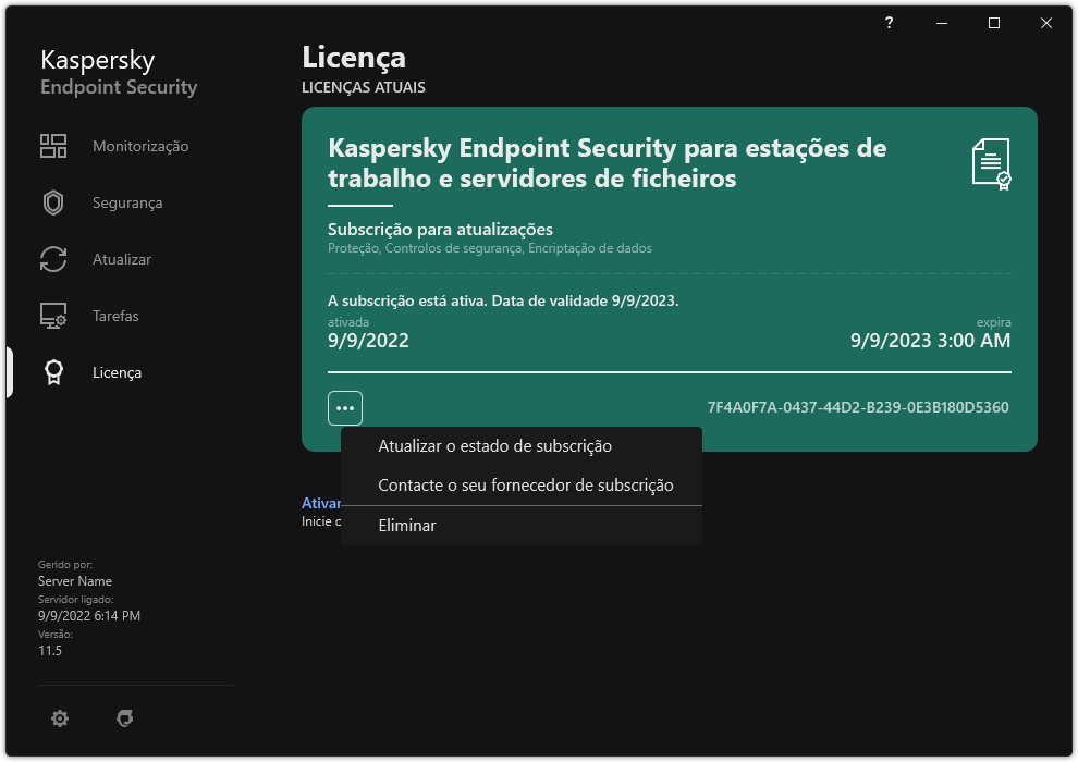 A janela com informações sobre a licença. O utilizador pode atualizar o estado da subscrição, entrar em contacto com o fornecedor da subscrição ou remover a licença.