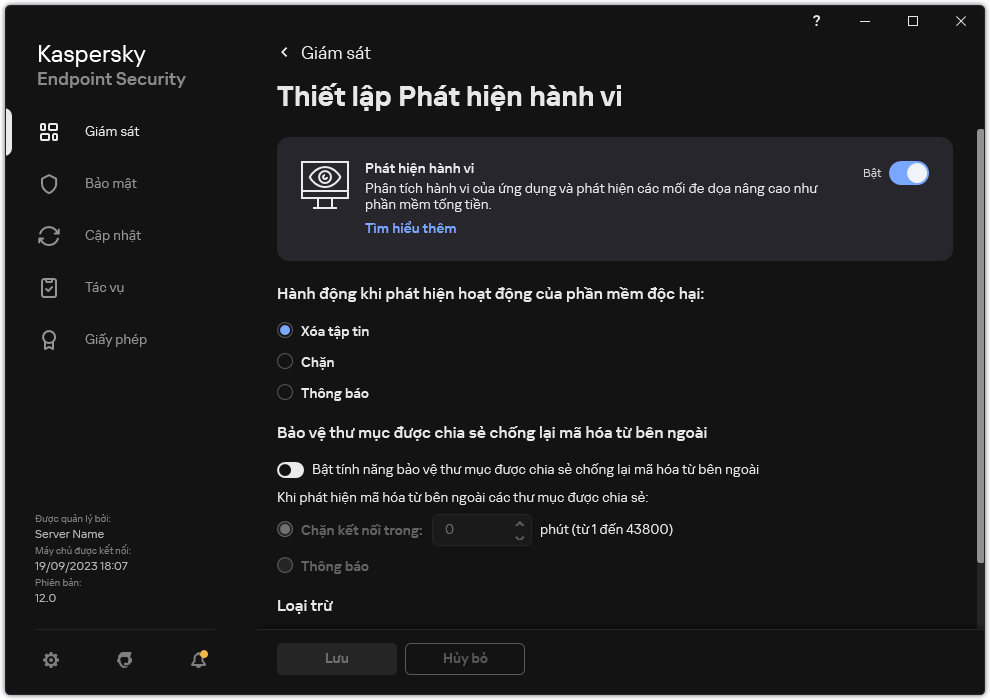 Cửa sổ thiết lập Phát hiện hành vi.